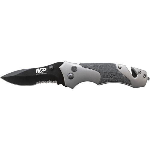 Plunge Lock Folding Knife Partially Serrated Drop Point Blade Rubber Injected Aluminum Handle